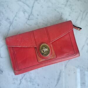 Coach 'Ashley' Turn-Lock Leather Envelope Wallet Coral Orange 7.5" x 4.5" Y2K